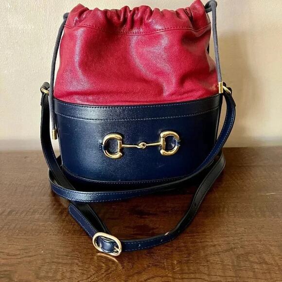 Gucci Azalea Sakai Be Green Horsebit 1955 Drawstring Bucket Bag Blue Cherry Red - Picture 7 of 9